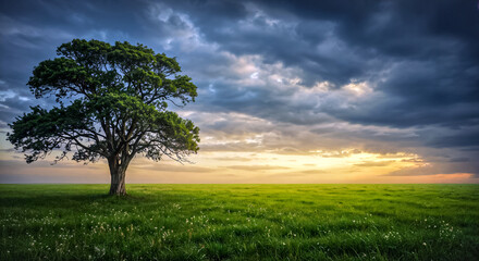 Obraz premium Lonely tree under dramatic sky in green field — atmospheric moment before storm.