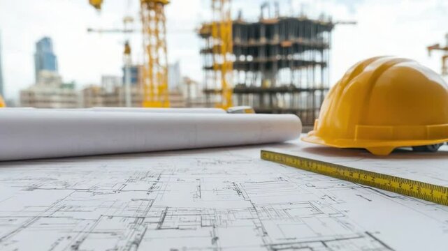 Blueprint of the Future: A close-up view reveals blueprints, a construction helmet, and measuring tools.