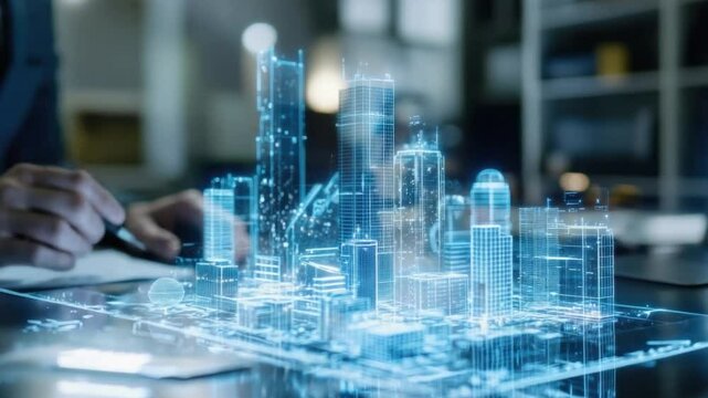 Vision of Tomorrow: An architect meticulously studies a vibrant digital cityscape, bringing the blueprints of tomorrow to life with the power of technology. It evokes a sense of future, ambition.