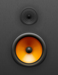Realistic vector illustration of black speakers on textured surface. Boombox woofer. Acoustic audio systems. Stereo equipment in modern design. Detailed icon for music, podcast, concert or party.