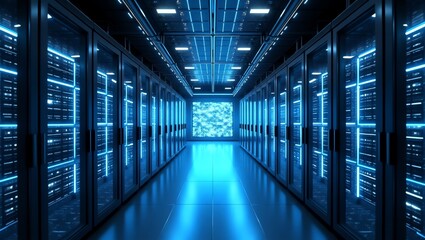 Data center corridor with illuminated server racks and blue LED lights