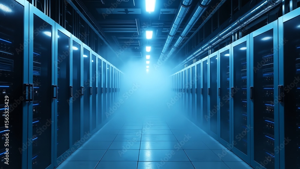 Poster data center corridor with servers and fog effect