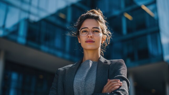 Businesswoman in Stylish Blazer and Glasses with Modern Building Background for Corporate and Professional Use