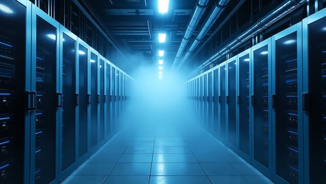 Data center corridor with servers and fog effect