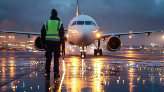 Airside Readiness: Capturing the calm precision of aviation operations with an eye-level perspective, a ground worker, illuminated by airport lights, stands before a commercial airliner.