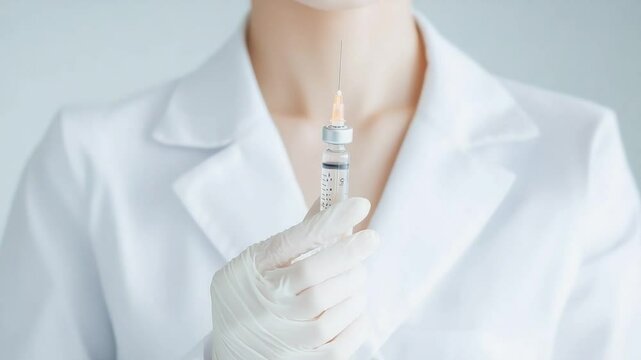 Vaccination Ready: An expert in a pristine lab coat and protective gloves prepares a syringe for inoculation, a visual representation of modern healthcare practices. 