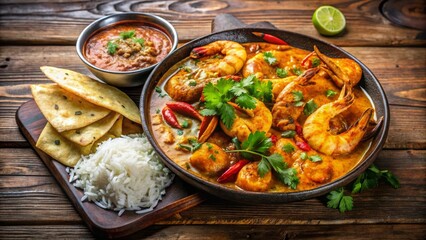Savory Shrimp Curry with Fragrant Spices, Served with Fluffy Rice and Crispy Flatbreads