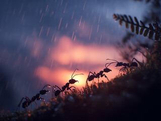 Ants marching through rain at sunset.