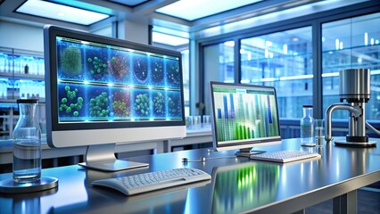 Naklejka premium Futuristic Bioinformatics Dashboard with 3D DNA Interface in Virtual Lab, futuristic lab, bioinformatics, Bioengineering Control Panel, biotech, Ultra-HD bioinformatics control system