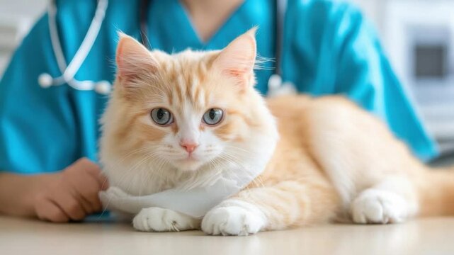 Gentle Checkup: An orange cat calmly undergoes a veterinary examination, showcasing a moment of trust and care in a clean, modern clinic environment.