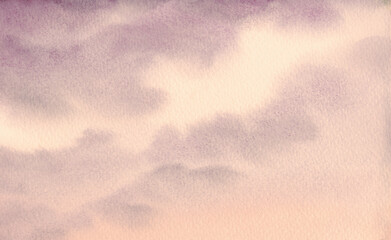 Watercolor landscape. Bright evening sunset