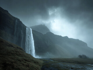 Majestic waterfall amidst dark, stormy skies.
