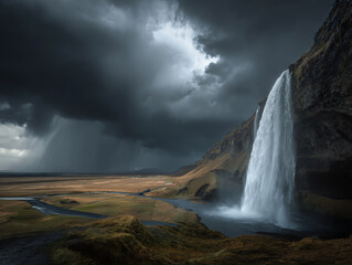 Majestic waterfall under dramatic stormy sky.