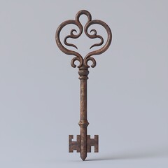Ornate rusty key on gray background