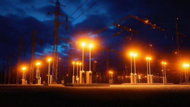 Power Plant at Dusk: An evocative shot of a power plant at dusk, its illuminated structures casting a warm glow against the deep blue sky, symbolizing energy, industry.