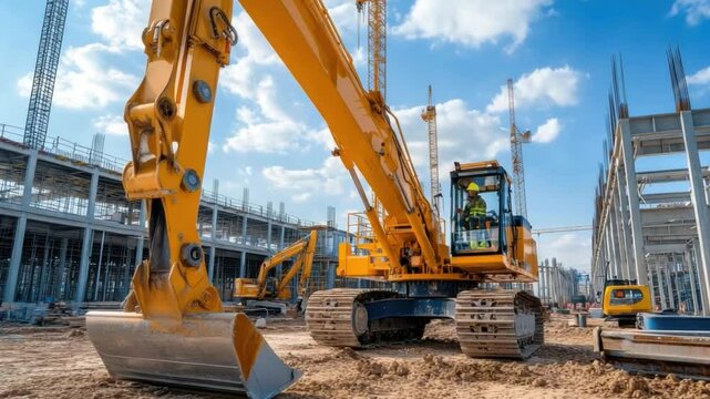 Construction Site Machinery: A vibrant construction site bustles with activity under a bright, sunny sky, featuring a prominent yellow excavator. The scene encapsulates progress and industry