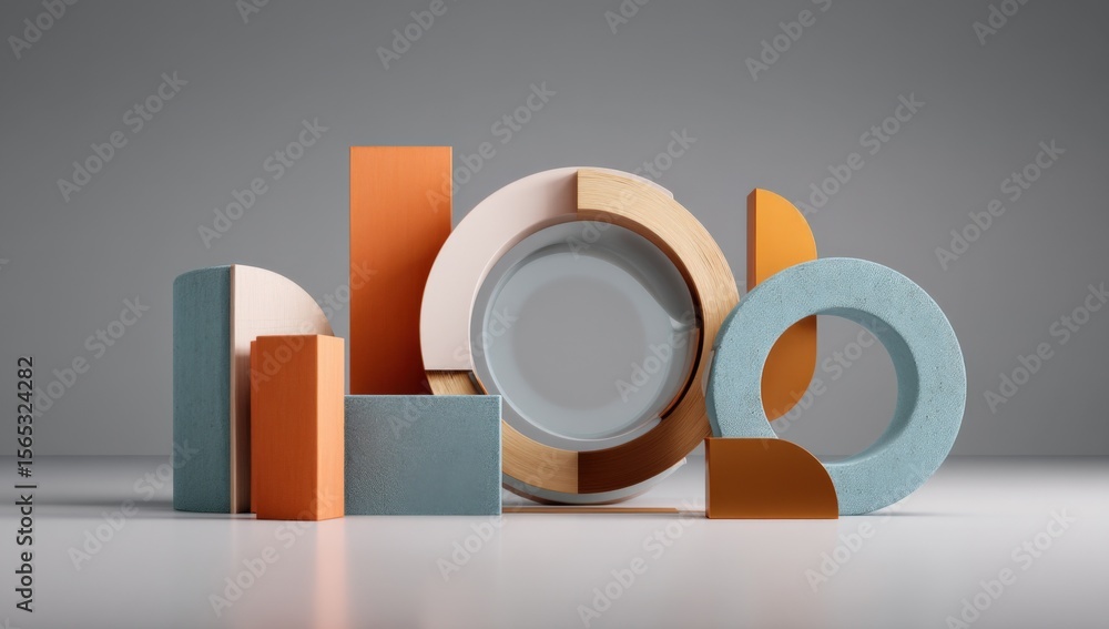 Poster Modern Minimalist Geometric Shape Composition with Wooden and Foam Blocks Showing Variety of Colors and Textures on Gray Background