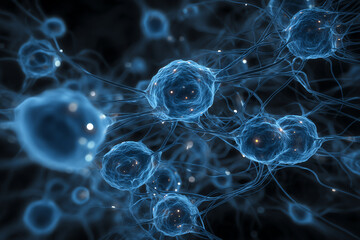 Detailed view of microscopic blue cells.
