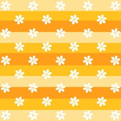 Cheerful seamless pattern with white daisy-like flowers on vibrant yellow-orange stripes. Ideal for kids' designs, summer themes, or cheerful projects.