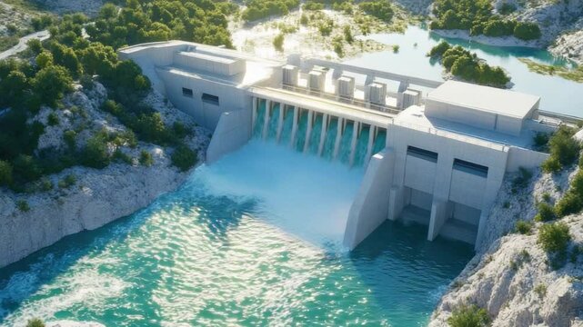 Hydroelectric Dam in Canyon: Captivating panoramic views of a modern hydroelectric dam, engineered to harness the power of water to generate clean energy, surrounded by majestic canyon walls.