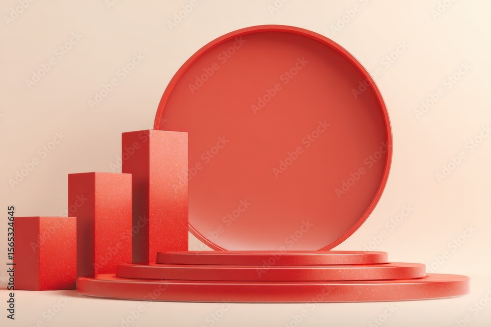 Poster modern minimalist red circular podium with steps and geometric blocks for display or presentation in