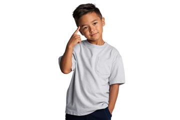 Smart Asian boy pointing to his temple in a thinking gesture. Concept for education, learning, intelligence, and problem-solving