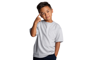 Smart Asian boy pointing to his temple in a thinking gesture. Concept for education, learning, intelligence, and problem-solving