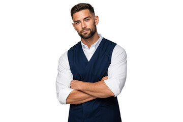 Portrait of a young bartender or waiter in a uniform vest, posing with crossed arms. Isolated studio portrait