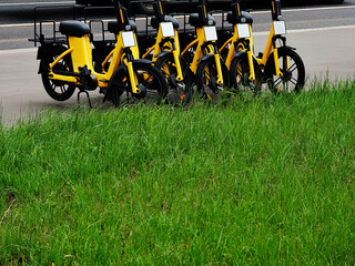 Delivery scooters near the green lawn city backdrop