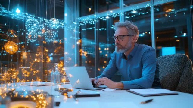 Focused Thought at Night: A focused businessman with a silver hair and eyeglasses, engrossed in his laptop within a sleek, modern workspace at night.