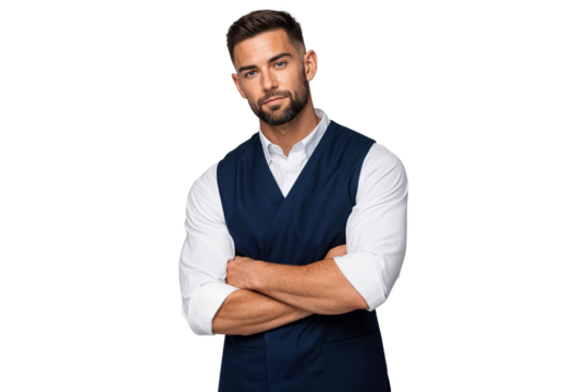 Portrait of a young bartender or waiter in a uniform vest, posing with crossed arms. Isolated studio portrait
