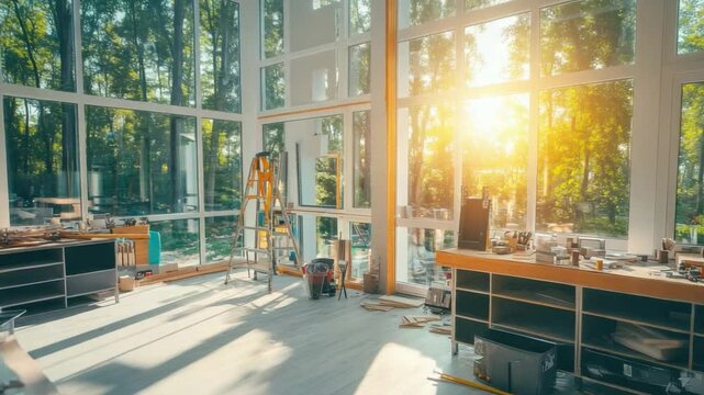 Sunlit Interior: A spacious interior is illuminated by natural sunlight streaming through expansive windows, offering a serene view of lush greenery outdoors, capturing a moment of tranquil bliss.