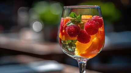 Mocktail glass placed with summer sip and colorful fruit garnish
