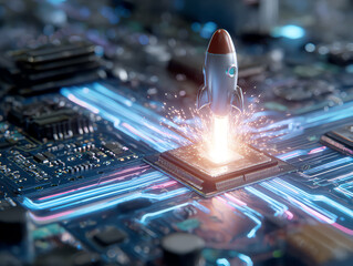 Rocket launch on circuit board with electric sparks.