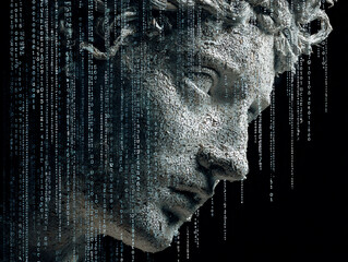Abstract statue with digital rain effect.