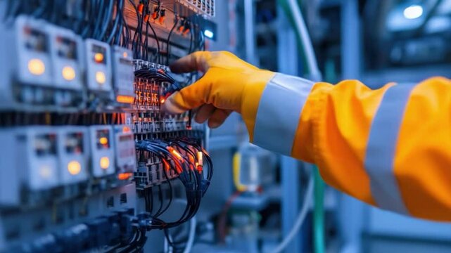 Precision Control: An industrial professional meticulously inspects electrical panels with expertise, ensuring seamless operation and efficient functionality.
