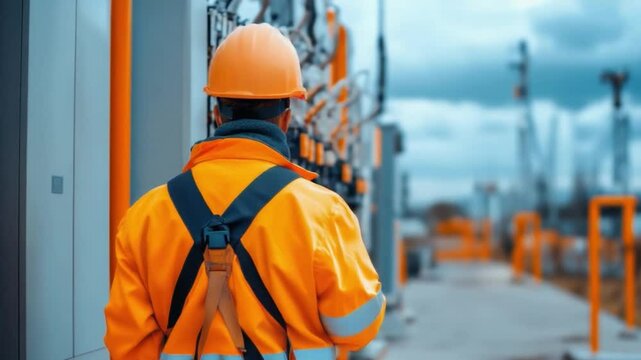 Industrial Worker Safety: A dedicated worker, clad in bright orange safety gear, stands attentively.