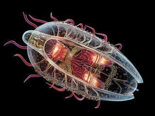 Transparent marine organism with vibrant colors.