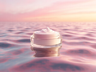 Luxury cream jar floating on tranquil waves.