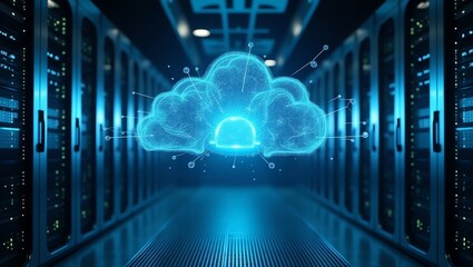 Digital cloud computing concept in a server room with glowing elements