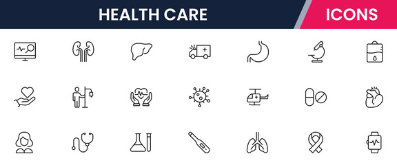 Vector line icons of medical tools, hospitals, doctors, health records, wellness, diagnosis, treatment, and care perfect for apps and websites.