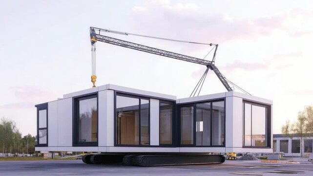 Modern Construction: A large crane delicately lifts a modular home, a symbol of innovative construction and sustainable design, under a clear, vibrant sky.