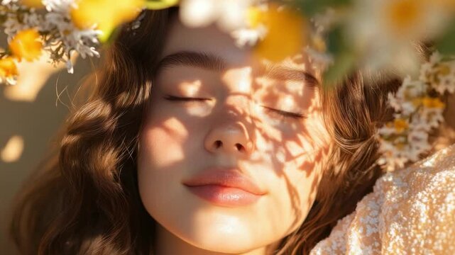 Serene Beauty Embraced by Sunlight: A portrait of a woman basking in the gentle warmth of sunlight, adorned with delicate blossoms, radiating tranquility.