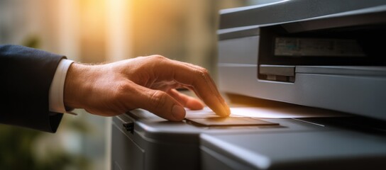 Close-up of a person's hand printing a document on a modern office printer in a bright workspace with natural light and blurred background