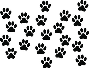 Black Paw Prints Arranged on a White Background, Animal Track Pattern Illustration