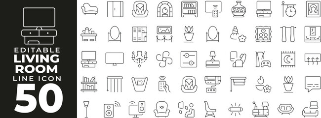 Living room set of web icons in line style. Living room linear icons collection. Containing sofa, TV, coffee table, lamp, curtain, bookshelf, rug, home decor. Editable stroke