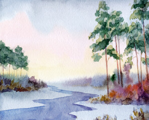 Watercolor painting. Trees by a winter river