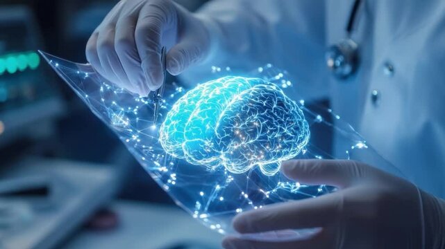 Unveiling the Intellect: A doctor's meticulous hands, encased in sterile gloves, carefully examine a holographic representation of the brain.