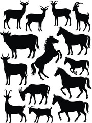 Obraz premium Silhouette Collection Diverse Selection of Antelope, Horses, Goats, and Cattle Standing on White Background