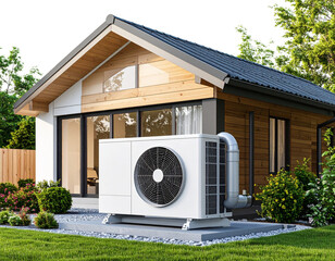 Eco-Friendly Air Source Heat Pump Behind Pool House – Side View Isolated PNG